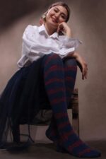 جوراب بالای زانو نخ پنبه طرح نت موسیقی سورمه ای