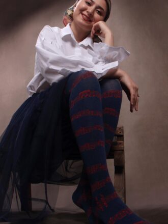 جوراب بالای زانو نخ پنبه طرح نت موسیقی سورمه ای