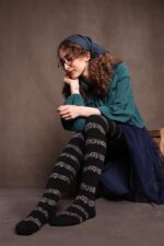 جوراب بالای زانو نخ پنبه طرح نت موسیقی مشکی