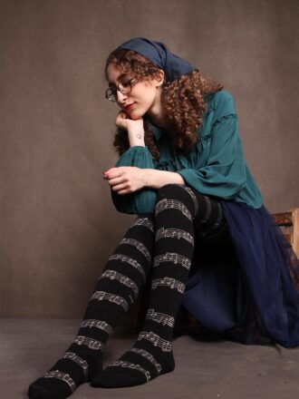 جوراب بالای زانو نخ پنبه طرح نت موسیقی مشکی