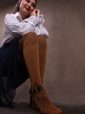 جوراب بالای زانو نخ و پنبه طرح خاتون قهوه ای