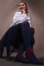 جوراب بالای زانو نخ و پنبه طرح خاتون سورمه ای